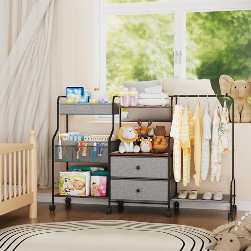 BBLIKE Diaper Caddy Organizer with Hanging Rack - 3 Tier Rolling Utility Cart with Drawers and Dividers for Baby Bottle Storage - Bedside Cart for Changing Station, Crib, Nursery, Bedroom, Gray - color: Grey