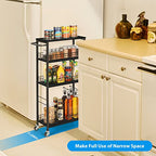 YBING Slim Storage Cart Kitchen Rolling Utility Cart on Wheels 4 Tier Mobile Narrow Cart with Wood and Metal Handle Slide Out Storage Shelving Unit Cart for Kitchen Living Room Small Places Black - color: Black