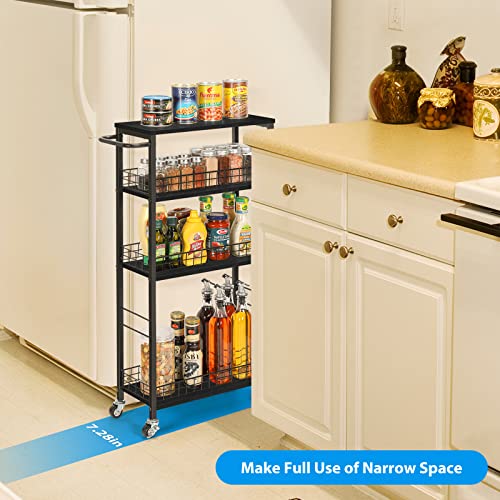 YBING Slim Storage Cart Kitchen Rolling Utility Cart on Wheels 4 Tier Mobile Narrow Cart with Wood and Metal Handle Slide Out Storage Shelving Unit Cart for Kitchen Living Room Small Places Black - color: Black