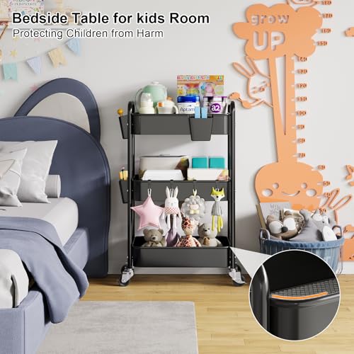 3 Tier Rolling Cart Metal with Wheels, Black Three Tiered Art Cart Organizer on Wheels, Storage Utility Trolley Carts for Kithcen, Craft, Nail, Lash, Makeup, Salon,Bedside, Bathroom, Office, Snack - color: Matte Black, size: 3-Tier + Cups + Hooks