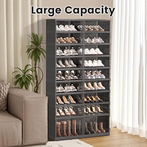 SYNCVIBE Shoe Rack Organizer for Closet Entryway Foldable Sneaker Storage Shoe, Collapsible Shoe Cabinet, Stackable Shoe Storage Cabinet with Lids for Living Room (9 Tiers -36 Pairs Black) - size: 9 Tiers -36 Pairs Black