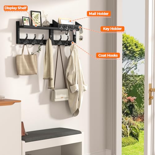 Evermagin 29" Coat Rack Wall Mount with Shelf, 4 in 1 Wall Mounted Coat and Key Hanger with 11 Hooks, Entryway Key Holder with Mail Holder for Living Room, Bedroom, Black - color: Black, size: 29 inch