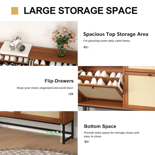 AVZEAR 43" Narrow Shoe Storage Cabinet for Entryway with Natural Linen Panel, Freestanding Slim Shoe Cabinet with 4 Flip Drawers, Wood Shoe Organizer Closed Shoe Rack for Hallway, Living Room(Walnut) - color: Walnut, size: 4 Drawers