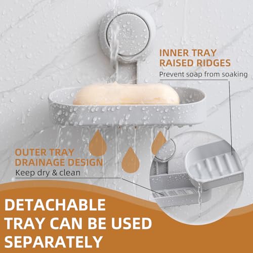 LEVERLOC Soap Dish Holder for Shower Suction Cup Wall Mounted Self Draining NO-Drilling Removable Bar Soap Sponge Holder for Bathroom Bathtub Kitchen Sink Waterproof Strong Vacuum Suction, Grey - style: 1 tier Grey