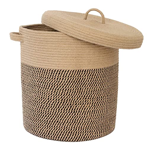 Extra Large Storage Basket with Lid 60L, 16"Wx18"H Woven Laundry Hamper Basket with Handle, Jute Rope Wicker Basket Blankets Pillows Storage in Living Room Baby Nursery, Jute/Black Mix includes Lid - color: Jute/Black Mix-16"Wx18"H