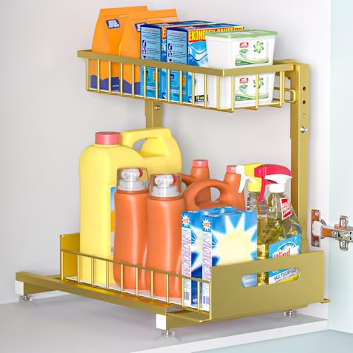 L-Shaped Under Sink Organizer, 2-Tier Pull Out Metal Kitchen Cabinet Organizer with Sliding Storage Drawer, Height Adjustable Heavy Duty Under Bathroom Sink Storage for Cleaning Supplies 1 Pack - color: Gold V2.0, size: 1 Pack