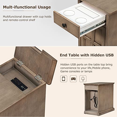 Multifunctional Classic Vintage End Table with USB Ports and 1 Drawer with Cup Holders, Sofa Side Table Bedside Nightstand Narrow Table for Living Room Bedroom (Antique Brown) - color: Antique Brown