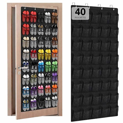 40 Large Mesh Pocket Over the Door Shoe Organizer,Hanging Shoe Rack for Door,Shoes Organizer Hanger with Large Capacity (black) - color: black