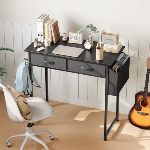 DUMOS 32" Home Office Computer Desk with Drawers, Small Gaming Writing Study Table with Storage Side Bag, Headphone Hook and Adjustable Feet for Bedroom Black - color: Black, size: 32-In