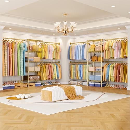 Ulif M2 Wall-Mounted Clothes Rack, Metal Closet System with 4 Expandable Hanger Rods and 5 Metal Shelves, Mount-on-Wall Clothing Storage Organizer in (70.8-102.3)" L x 14.5" D x 71.2" H, Gold - color: Gold, size: M2