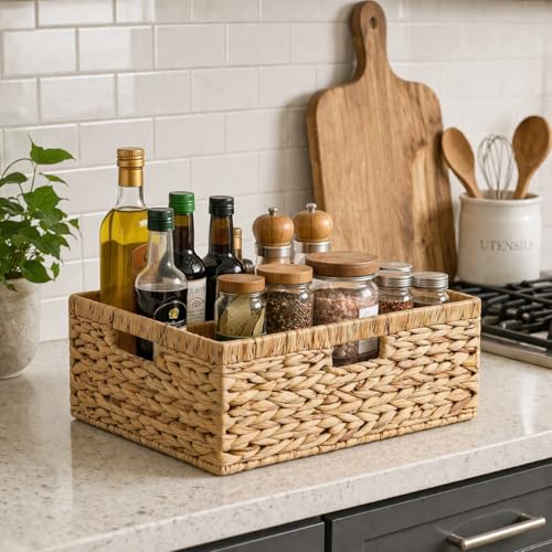 Large Wicker Basket, 15" Water Hyacinth Wicker Storage Baskets for Organizing, Rectangular Storage Baskets for Shelves, Rattan Woven Basket with Built-in Handles, 1 Pack (Natural, Large) - size: 15"L x 11"W x 6 ¾"H