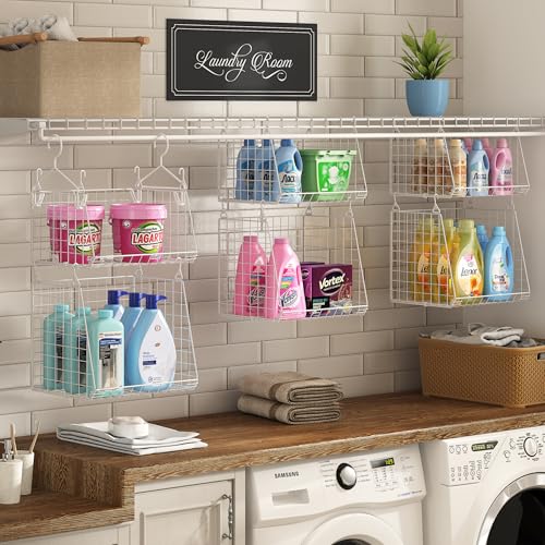 4-Tier Hanging Laundry Room Organizer: Foldable Wire Shelf Basket with 2 Large Hooks 1.65" & 360°Rotating Hooks – Space-Saving Laundry Storage Basket, for Wardrobe Closet Storage, White Patent - color: White, size: 4-Pack 13.7*11*51inch