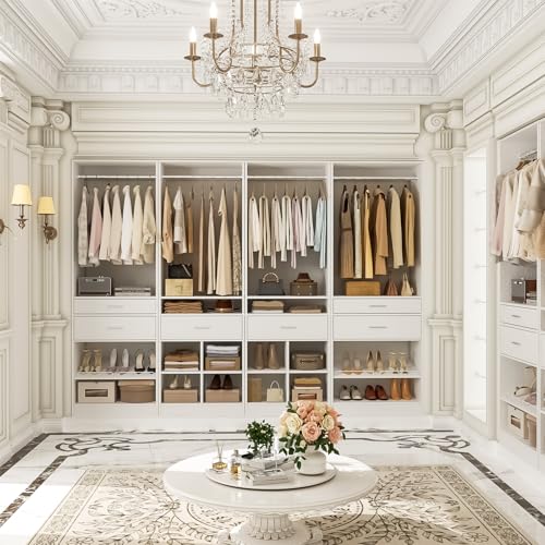 Unikito Closet System, 8.3FT Closet Organizer with 6 Wooden Drawers, Hanging Rods, Adjustable Shoe Rack and Cube Storage, Easy Assembly Wardrobe Tower, Set of 4, White - color: White, size: 100 Inch