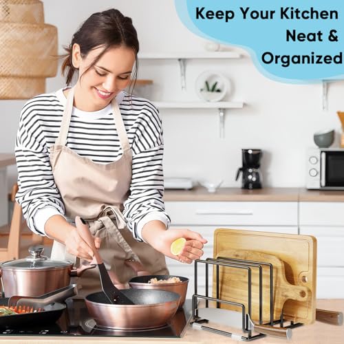 Cutting Board Organizer Rack with 7 Compartments, Heavy-Duty Iron Pan and Baking Sheet Organizer, Kitchen Cabinet Storage Rack with Non-Slip Base, Space-Saving Pot Lid Holder for Countertop & Pantry - color: 1 Pack - Black