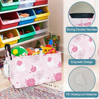 FANKANG Storage Bins, Nursery Hamper Canvas Laundry Basket Foldable with Waterproof PE Coating Large Storage Baskets for Kids Boys and Girls, Office, Bedroom, Clothes,Toys(Rec-Pink roses ） - color: Rec-Pink roses