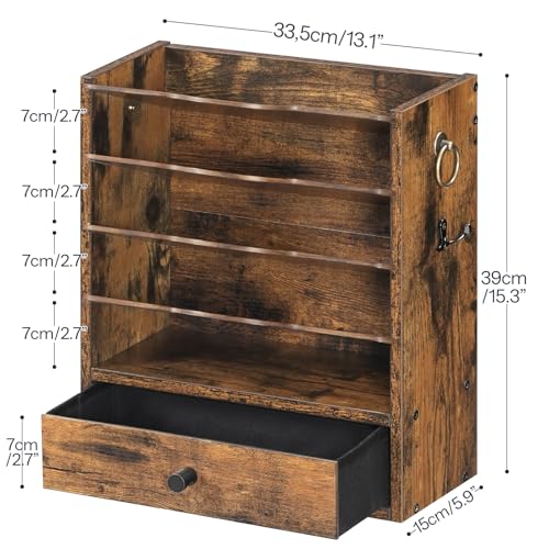 HOOBRO Wall File Organizer, Mail Organizer Wall Mounted, Wooden Literature Organizer, Construction Paper Organizer with Drawer Storage and 2 Hooks, for Office, Classroom, Home, Rustic Brown FG14WF01 - color: Rustic Brown