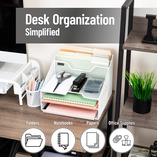 Mind Reader Metal Mesh Desktop File Organizer, 3-Tier Paper Tray with 5 Compartments, Office Mail Sorter, White - color: White