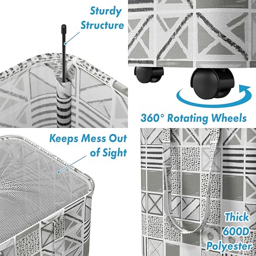 Simple Houseware Large 82L Laundry Basket with Wheels, Collapsible Waterproof Hamper with Handles and Mesh Cover, Geometric Gray - color: Gray