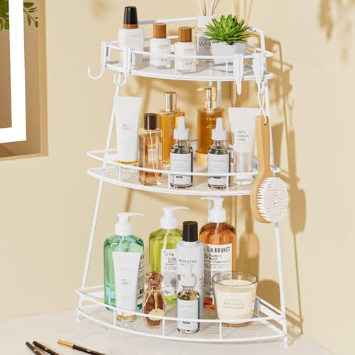 VITVITI 3 Tier Corner Bathroom Counter Organizer, Metal Bathroom Countertop Organizer Shelf Storage, Bath Room Sink Makeup Organizers for Vanity Skincare with Hooks, White - color: White