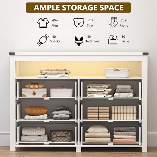 Dresser for Bedroom with 6 Drawers, Wide Chest of Drawers with LED Light and Power Outlet, Wooden Closet Organizer Clothes Storage Cabinet, Modern Double Dressers for Living Room, Hallway, White - color: White, size: 15.8"D x 47.2"W x 39.4"H (6 Drawers)