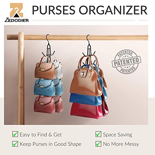 ZEDODIER 2 Pack Purse Organizer for Closet, Heavy-Duty Hanging Purse Hanger Closet Holds Up to 12 Purses, Metal Rotating Space Saving Bag Holder Handbag Storage Hook Backpack Rack, Black - color: Black, size: 2 Pack