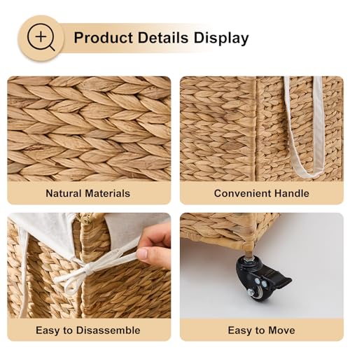 Rolling Laundry Hamper with Wheels, Slim Laundry Basket with Removable Liner Bag & 2 Mesh Bags, Handwoven Water Hyacinth Clothes Hamper for Bedroom Bathroom (Natural, 50L) - color: Natural/No Lid/50L