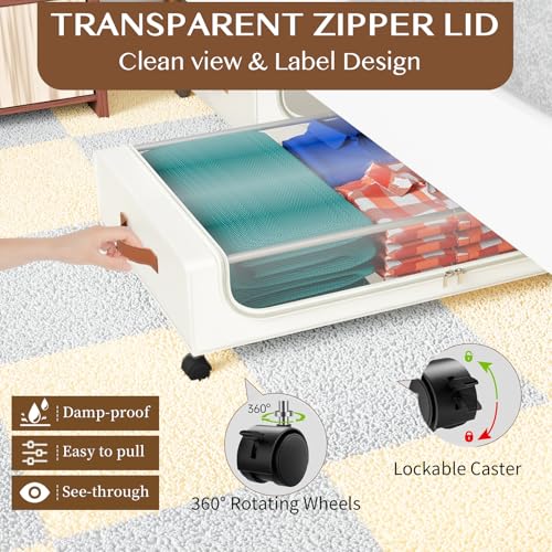 Under Bed Storage with Wheels, UnderBed Storage Containers with Clear Lid and Handles, XXL 60L Under the Bed Storage Bins Drawers for Clothes,Blankets,Shoes,Books (WHITE, 2 PACK) - color: WHITE, size: 2 PACK