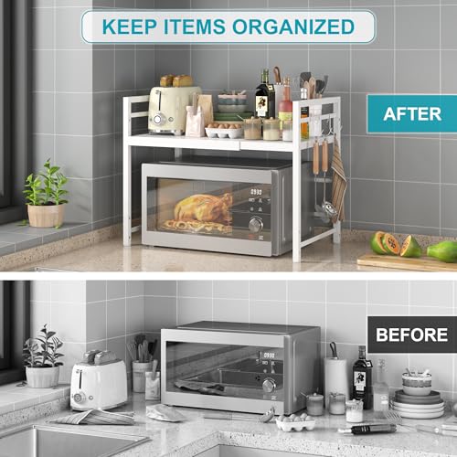 DOLALIKE Microwave Oven Rack, Expandable Microwave Stand Kitchen Countertop Organizer Utensils Storage, Carbon Steel Over Microwave Shelf with 3 Hooks (White, 2 Tier) - color: White, size: 2 Tier (Without Spice Rack)