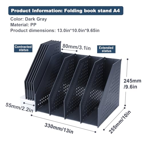 FRETONBA Collapsible Magazine File Holder with 4 Vertical Compartments Foldable Binder Holder for Desk Binder Storage Organizer Plastic Magazine Holders for Shelf, Dark Gray - color: Dark Gray, size: 4 Compartments - 1Pcs