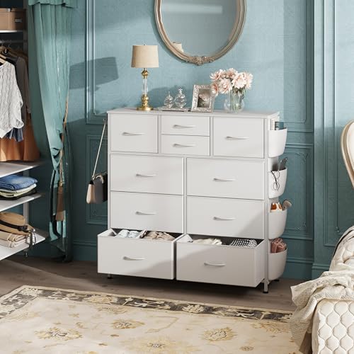 WLIVE White Dresser for Bedroom with 10 Drawers, Chest of Drawers with Side Pockets and Hooks, PU Storage Dresser, Sturdy Metal Frame, Drawers Organizer Unit for Living Room, Hallway, Closet - color: White