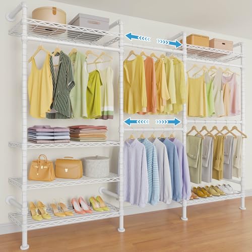 Timate F3 Garment Rack Heavy Duty Clothes Rack for Hanging Clothes, Expandable Industrial Pipe Wall Mounted Clothing Rack, Adjustable Storage Closet Wardrobe Closets System, White - color: White, size: F3