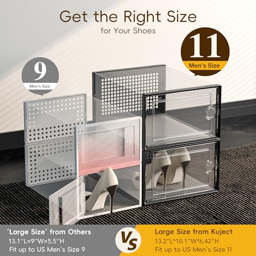 Kuject X-Large Shoe Storage Boxes Organizers Clear Plastic Stackable 12 Pack, Shoe Rack & Holder Substitute, Sneaker Containers, Toy Storage Organizer Bins for Entryway, Closet, Under Bed, Black - color: Black, size: X-Large