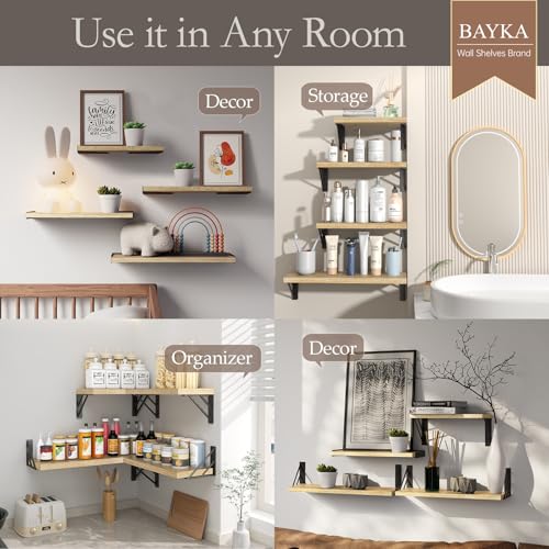 BAYKA Wall Shelves for Bedroom Decor, Floating Shelves for Living Room Kitchen Storage, Wall Mounted Rustic Shelves for Kids Books, Corner Shelf for Bathroom(Carbonized Brown,Set of 4) - color: F. Carbonized Brown Board & Black Brackets, size: 16-inch Mix