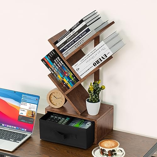 SHEEPAM Small Bookshelf with Drawer,4 Tier Tree Book Shelf,Wood Desk Bookshelves,Modern Free Standing Desktop Display Shelves,Brown Floor Standing Organizer Bookcase for Living Room,Bedroom,Office - color: Retro Brown, size: 4 Tier