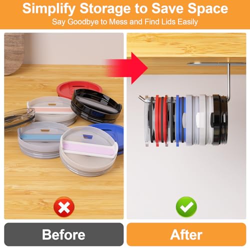 2 Pack Tumbler Lid Organizer, Space Saving Cup Lid Organizer for Yeti/Stanley/Simple Modern Tumbler Lids, Self-Adhesive or Drilling Tumbler Lid Hook for Kitchen Organizers and Storage - color: Silver+Silver