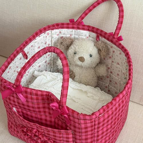 Floral Fabric Storage Basket Car Interior Storage Basket Underwear Sundries Laundry Baskets Supplies Home Organizer Bag (Rose red plaid) - color: Rose red plaid