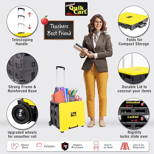 dbest products Quik Cart Collapsible Rolling Crate on Wheels for Teachers Tote Basket 80 lbs Capacity, Made from Heavy Duty Plastic and Used as a Seat, Canary, Yellow - color: Yellow, style: Standard