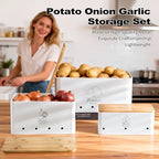 Metal Potato Onion and Garlic Storage Tin Set of 3, White Kitchen Vegetable Canisters with Bamboo Lid and Aerating Holes, Stackable Kitchen Keeper Storage for Countertop Pantry - color: A - White Vegetable Canisters