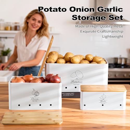 Metal Potato Onion and Garlic Storage Tin Set of 3, White Kitchen Vegetable Canisters with Bamboo Lid and Aerating Holes, Stackable Kitchen Keeper Storage for Countertop Pantry - color: A - White Vegetable Canisters