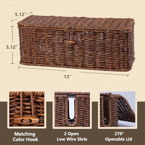 BROWNLILY Cable Management Box, Rattan Style Cord Organizer for Desk Cord Hider Outlet Covers Baby Proofing for Power Strip TV PC Router Charger Under Desk Storage with Lockable Lid and Cable Ties - color: Brown, size: M