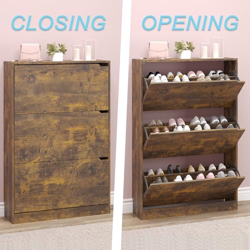 BORNOON Shoe Cabinet with 3 Flip Drawers, Hidden Wood Shoe Cabinet,Freestanding Shoe Storage Cabinet for Entryway Hallway - color: Brown, size: 3 Drawers