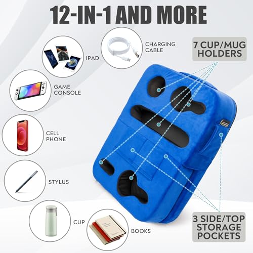 TabCouchCaddy - Couch Cup Holder Tray Pillow - Bed, Couch Caddy, Sofa, RV & Car - Holds Drinks, Snacks, Remotes, Phones, Kindle, Tablet | Bed Cup Holder (Blue) - color: Blue