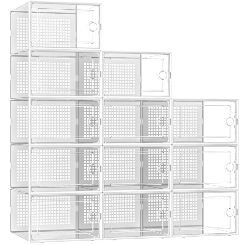 Kuject X-Large Shoe Storage Boxes Organizers Clear Plastic Stackable 12 Pack, Shoe Rack & Holder Substitute, Sneaker Containers, Toy Storage Organizer Bins for Entryway, Closet, Under Bed, White - color: White, size: X-Large