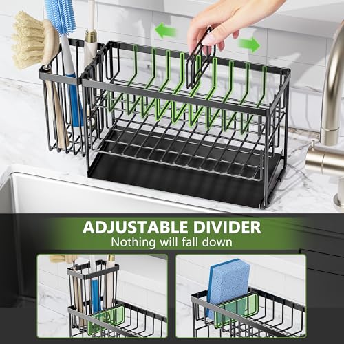 Cisily 2-Tier Kitchen Sink Caddy Organzier Rack with Flexible Dish Brush Holder, Sponge Holder for Kitchen Sink Countertop Organization Storage,Home Decor Accessories Essentials Stainless Steel - color: Black