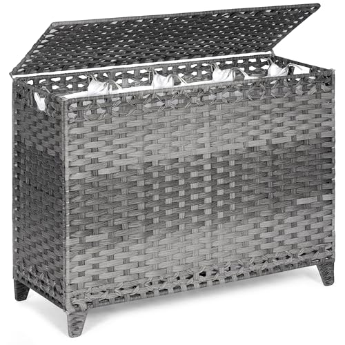 Laundry Hamper with 4 Removable Liner Bags; 176L Handwoven Rattan Laundry Basket with Lid & Heightened Feet; Clothes Hamper with Side Handles - color: Gray, size: 176L-4 Section