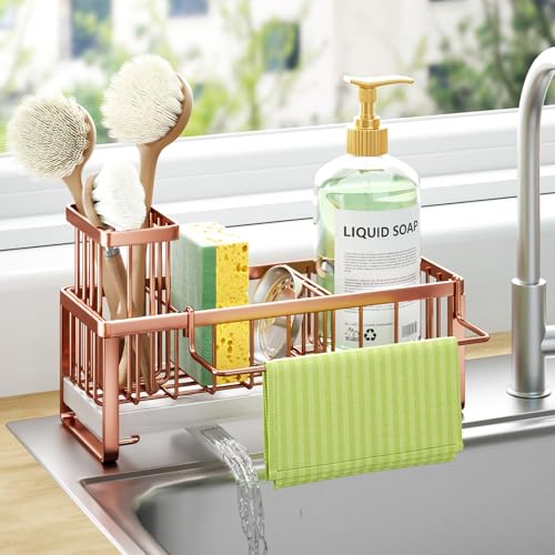 HapiRm Sponge Holder for Kitchen Sink - Self-draining Sink Caddy with Brush and Dishcloth Holders, Stainless Steel Kitchen Organizer for Countertop - Rose Gold - color: Rose Gold, size: with Dishcloth Holder
