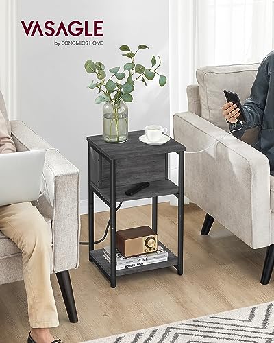 VASAGLE Side Table with Charging Station, 3-Tier End Table with USB Ports and Outlets, Nightstand for Living Room, Bedroom, 11.8 x 13.4 x 22.8 Inches, Plug-in Series, Misty Gray and Black - color: Misty Gray + Black