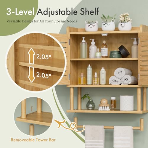 AmazerBath Bathroom Wall Cabinets, Large Bamboo Medicine Cabinets with Towel Bar, Hanging Over Toilet Storage Organizer Cabinet with Adjustable Shelves for Small Spaces, 8.3x21.3x26.6 Inches - color: Natural With Striped Door, size: 21.3" W x 26.6" H