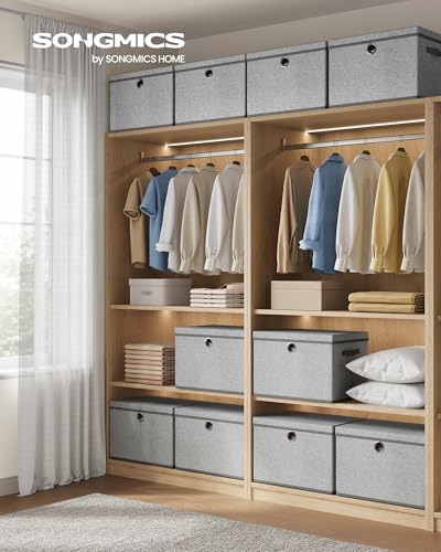 SONGMICS Storage Bins with Lids, 3 Pack Stackable Fabric Storage Boxes, Odorless PP Sheets, Foldable Cube Baskets Organizers with Handles, 16.9 x 11.8 x 11.8 Inches, Dove Gray URFB545GD01 - color: Dove Gray, size: 16.9"L x 11.8"W x 11.8"H