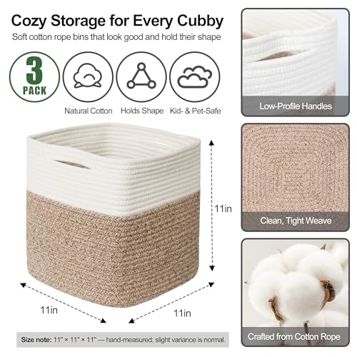 11x11 Cube Storage Bin - 3 Pack Woven Storage Cubes Organizer, 11 Inch Cotton Rope Baskets for Organizing, Square Baskets for Shelves, Baby Nursery Closet Bins, Cubby Toy Box Organizer - color: Brown